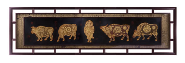 五牛迎春挂屏（176×65cm）